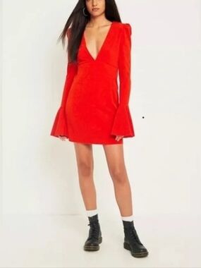 Free People Deep V Long Sleeve Mini Dress in Vibrant Orange-Red